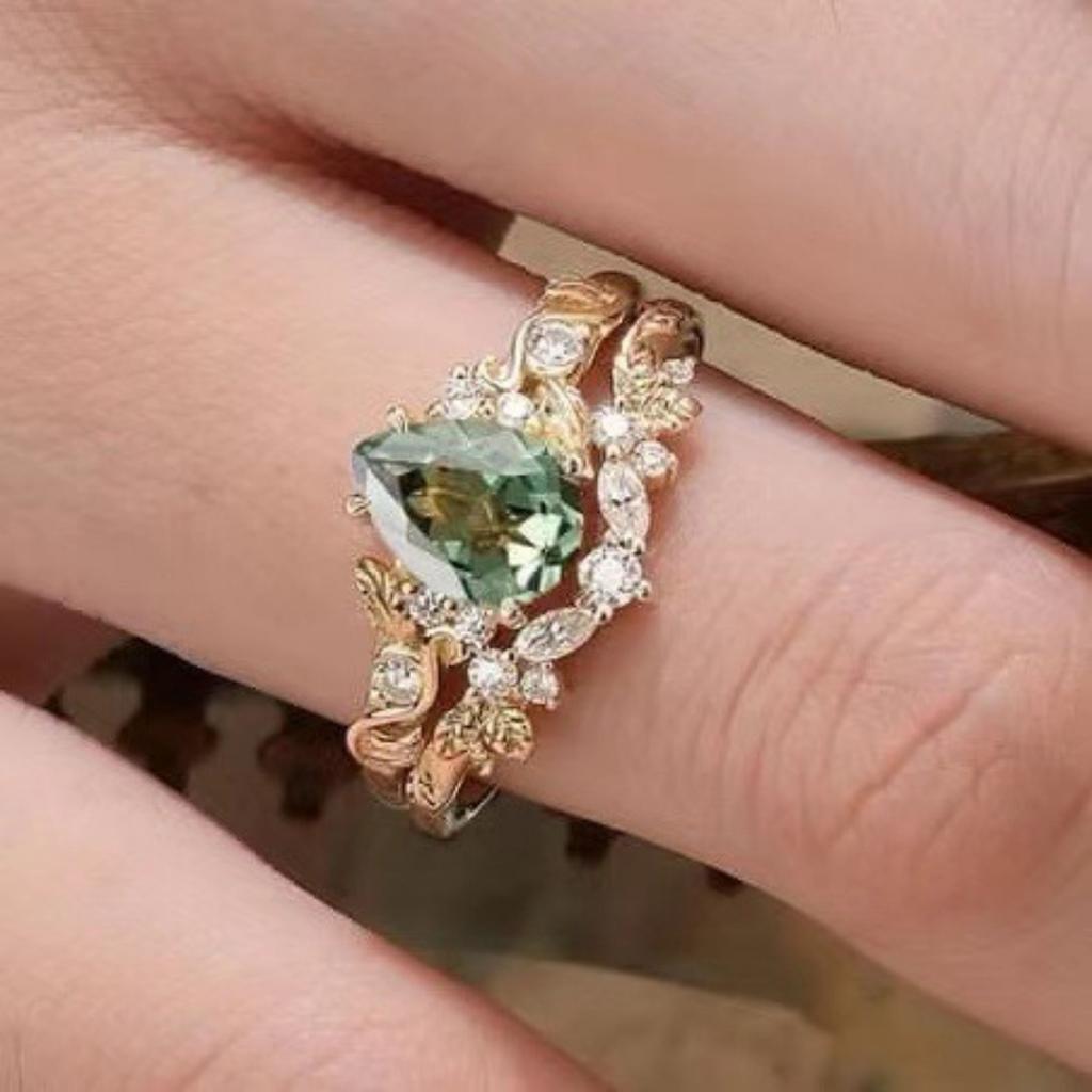 Luxury European and American Ins New Inlaid Light Green Crystal Set Ring, Gold Leaf Flower Pair Ring