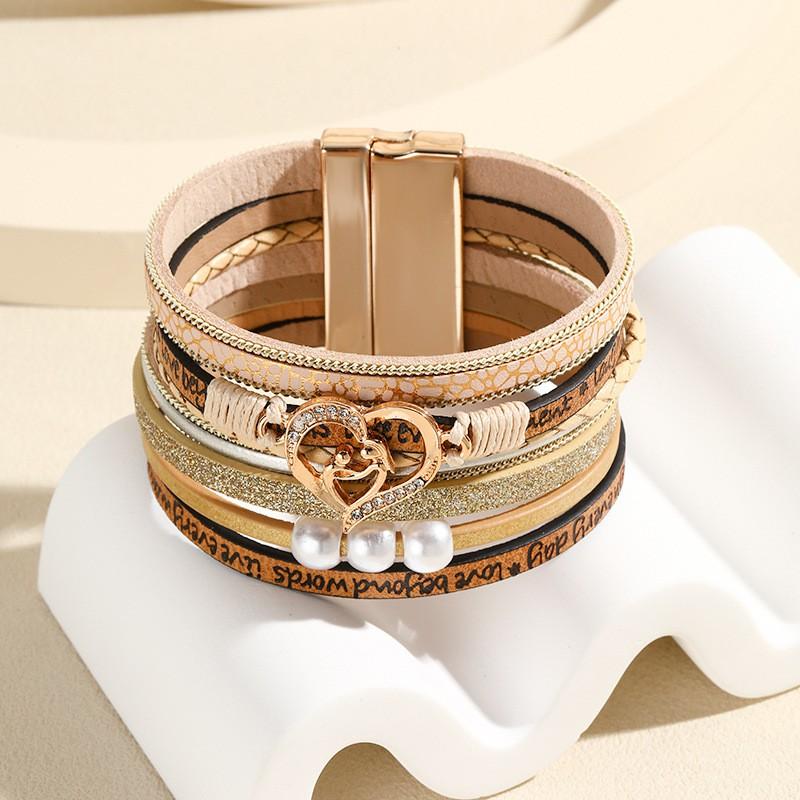 Boho Layered Leather Bracelet With Heart Charm Adjustable Opening Bangle Women Girls Fashion Accessory