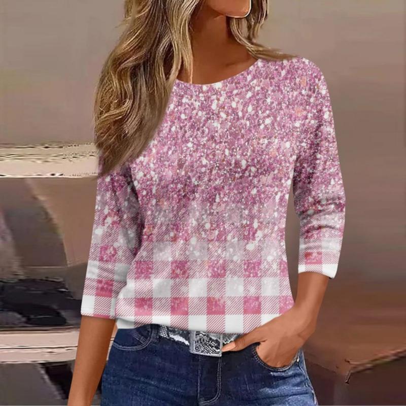 Women's Fashion Casual Round Neck 3/4 Sleeve Loose  Printed T-Shirt Ladies Top Dressy Tops for Women Trendy Womens Summer Tops