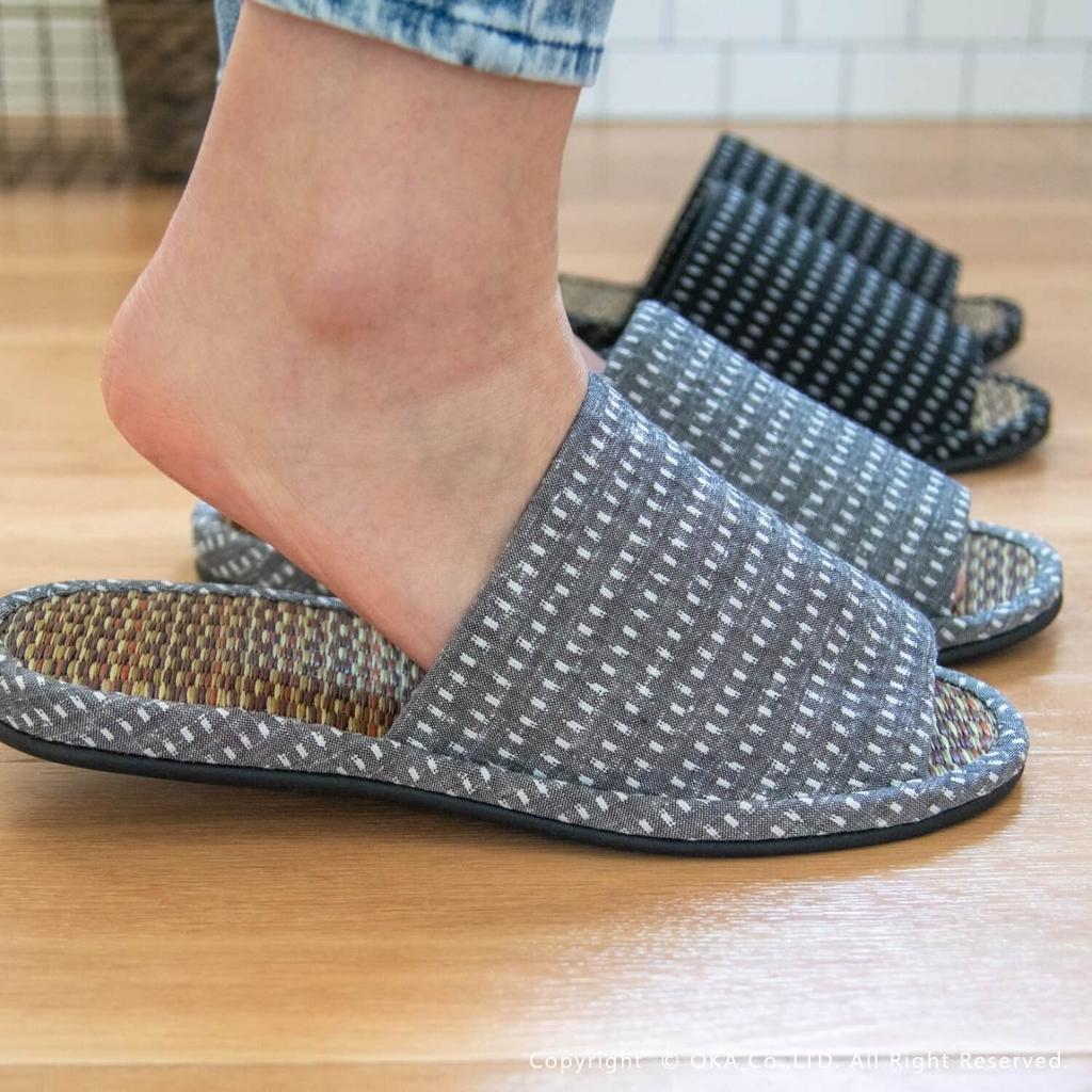 Oka Made in Japan Kurume Woven Tatami Size Gray Slippers, L,