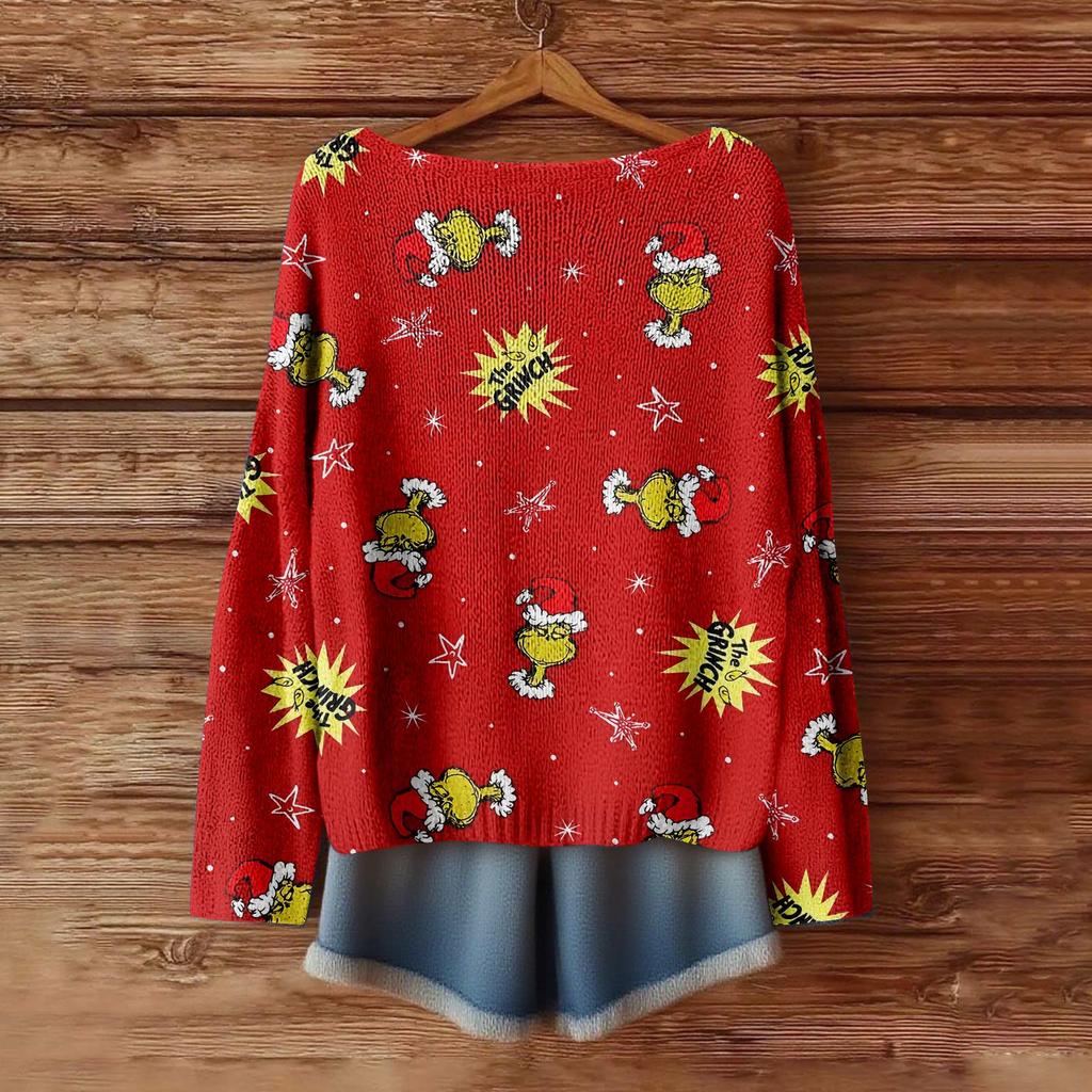 Damemote Langermet Christmas Snowman Snowflake Print Jakke Cardigan