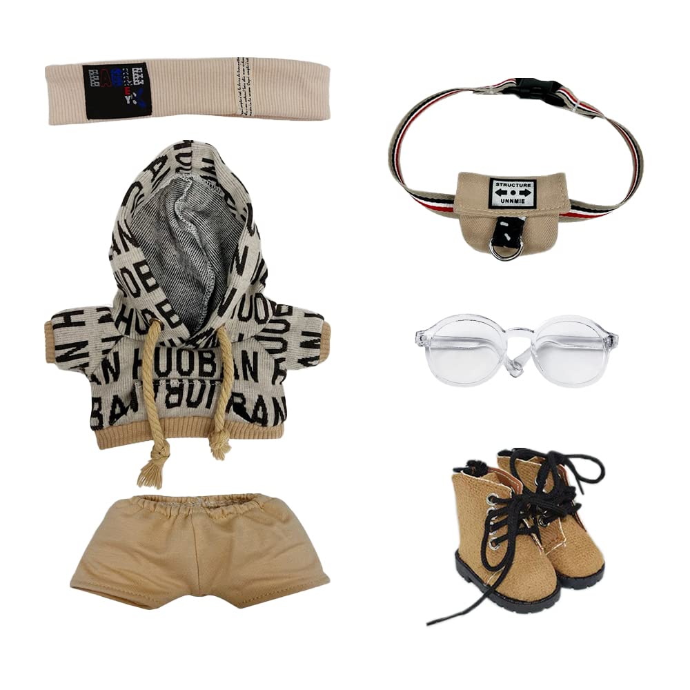 

nianniyhouse 15 см плюшевая одежда свободный комплект в стиле хип-хоп повязка на голову толстовка стрейч шорты рюкзак очки кожаные ботинки нарядная хлопковая кукольная одежда (Коричневый,