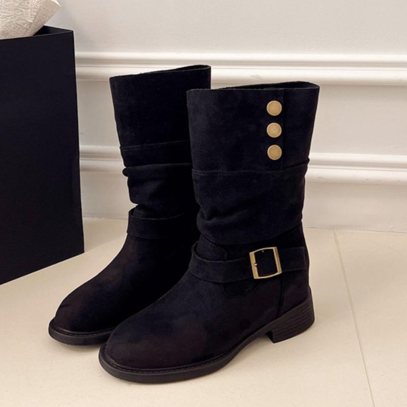 Stylish Studded Metal Pointed Toe Cow Suede Hair Sleeve Soft Sole Non-slip Wear-resistant Square Heel Mid-barrel Boots