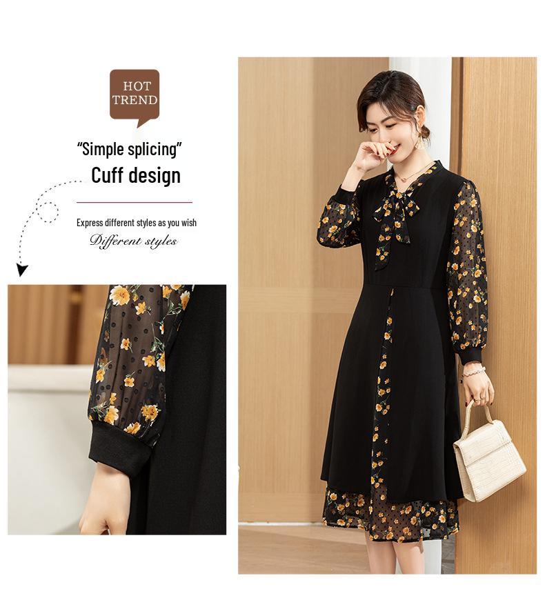 Elegant Floral Ruffle Collar Midi Dress - Long-Sleeve, Fake Two-Piece, Plus Size, Spring/Autumn Fashion for Middle-Aged Women
