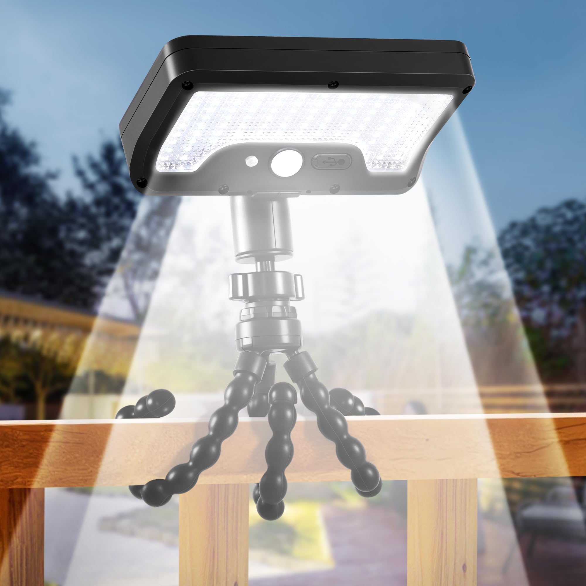 

CHAMCHOI Solar Light, Outdoor Sensor Light, 92 LEDs, IP65 Waterproof, Flexible Tripod & 360-Degree Adjustable Lamp, 2000mAh USB Rechargeable, Solar