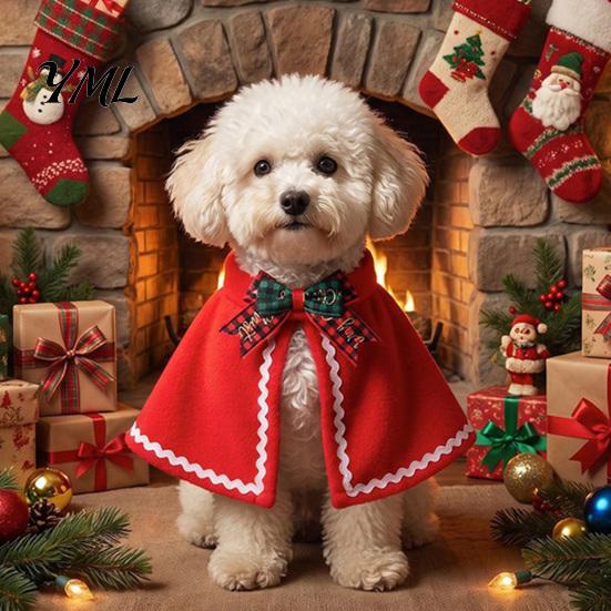 Cat Party Clothes Pet Christmas Cape with Bow, Red Cloak for Small Medium Dogs & Cats, Holiday Apparel Outfit White Wavy Trim, Festive Costume Pets