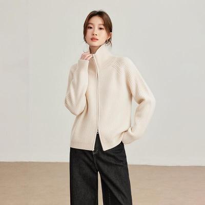 Dicker Damen-Strickcardigan aus 100 % Wolle mit doppeltem Reißverschluss