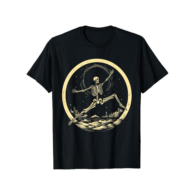 

European sizes Men s Graphic T-Shirt - Dancing Moon Skeleton Design, Black Short Sleeve Crew Neck Tee for Adults 4XL чорний