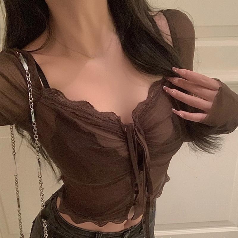 

Сетчатые топы, женская футболка на шнуровке Y2k, женские японские прозрачные винтажные топы, женские кружевные кардиганы, укороченные футболки, летние топы XL коричневый