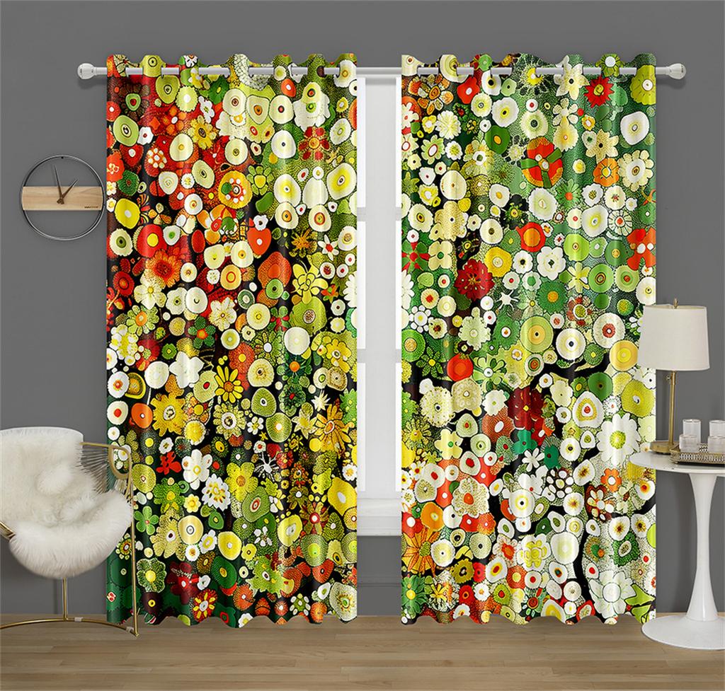 Colorful Rich Flowers Pattern Curtains Green and Peach Flowers Kitchen Decor Curtains Bedroom Living Room Window Decor 2 Panels