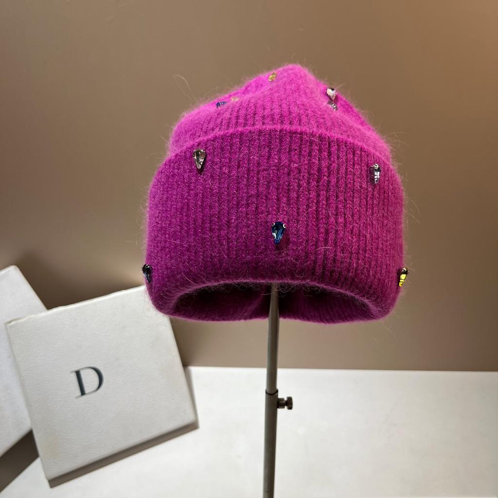 Paris Colored Diamond Light Luxury Winter Rabbit Fur Knitted Hat Personalized Youth Colorful Sweet Cool Design Wool Hat