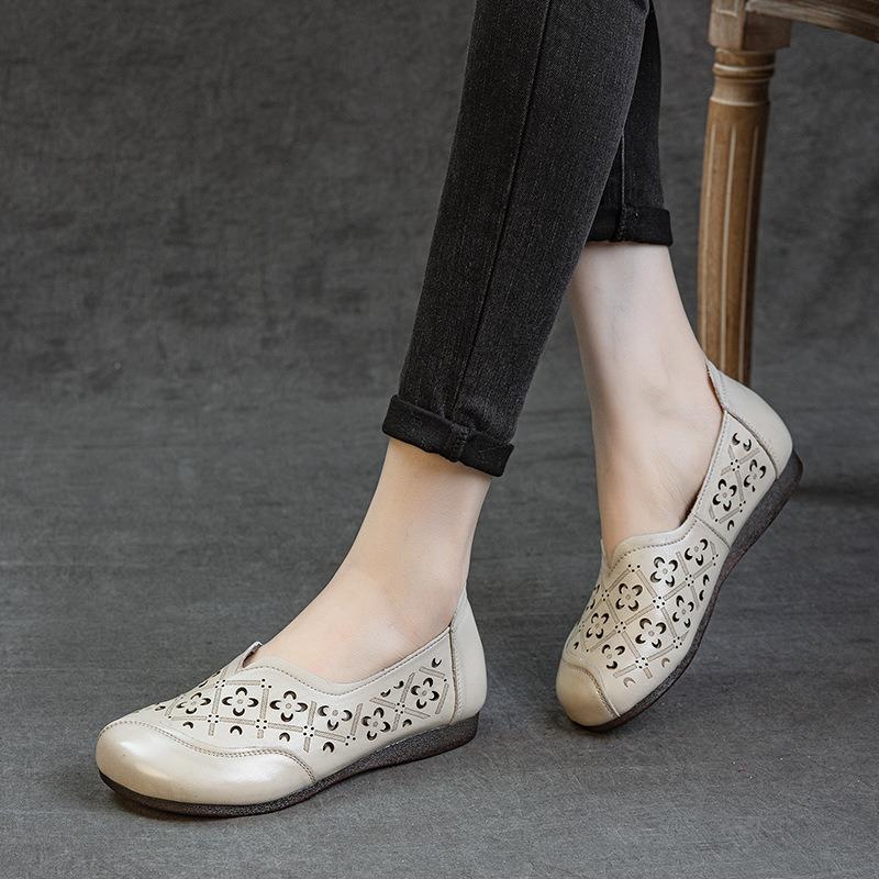 The first layer of cowhide new hollow women's single shoes retro flat heel soft sole non-slip one pedal breathable hole women cool