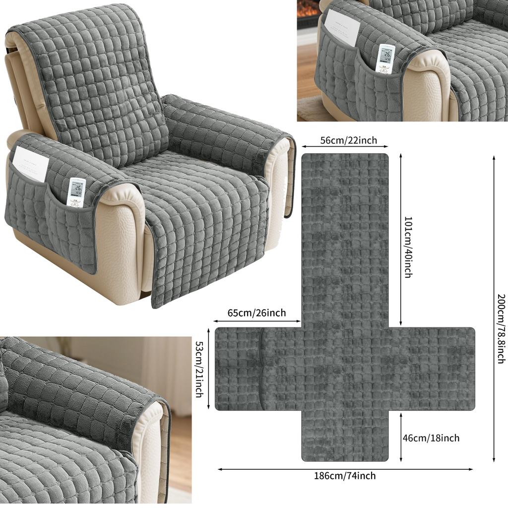 Quilted Recliner Sofa Cover Waterproof Armchairs Slipcovers Dogs Pets Kids Anti-Slip with Side Pockets Elastic Strap Protector