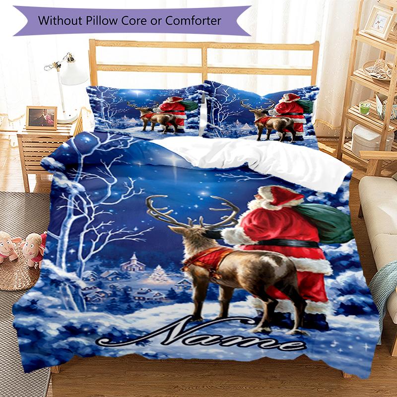 3pcs Custom Name Christmas Santa Claus Bedding Set Duvet Cover Closure Includes 1 Duvet Cover & 2 Pillowcases, Soft and Comfortable for All Seasons.