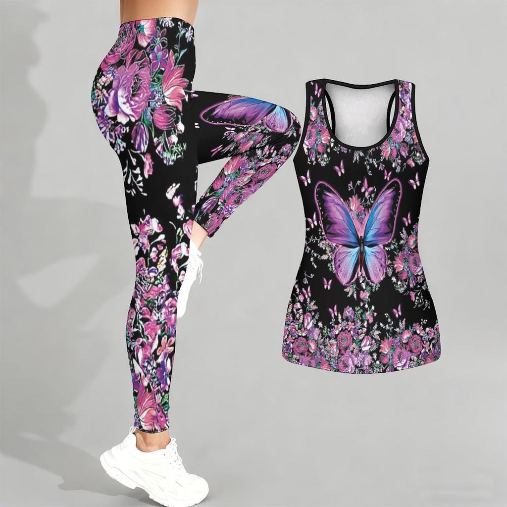 Schmetterlings-Print Yoga-Outfit für Damen Mode Trainings-Leggings Fitness Sport Lässiges Yoga-Set Sportanzug
