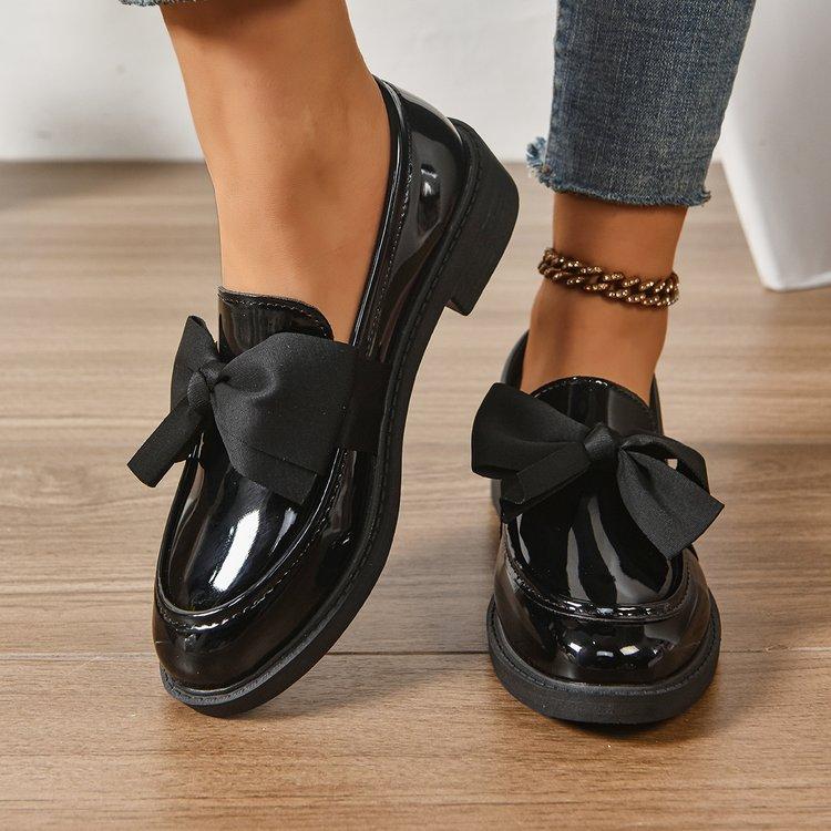 Women's Patent Leather Bow Loafers Round Toe Low Block Heel Slip-On Casual Oxford Shoes