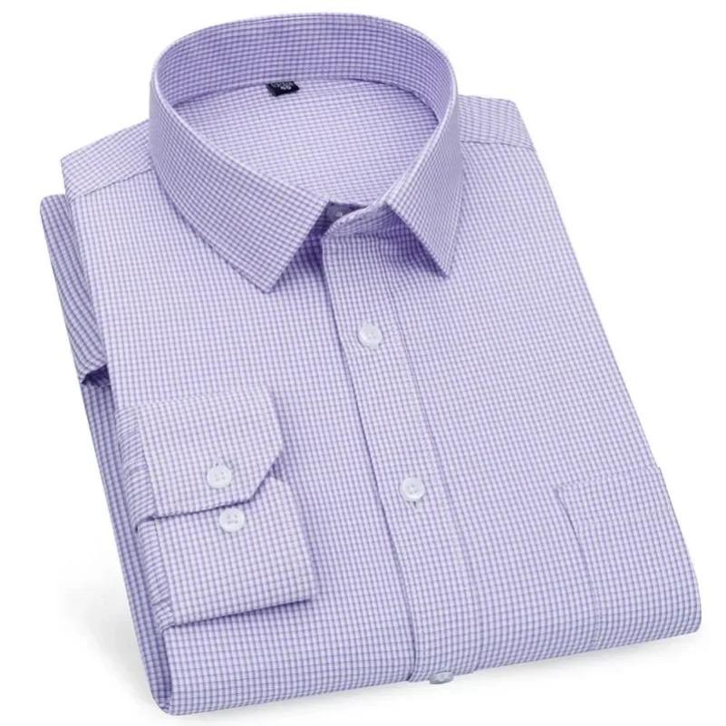 Striped Plaid Checked Men's Business Casual Shirts Regular Fit Long Sleeve White Blue Cotton Social Work Dress Shirts KOACUS