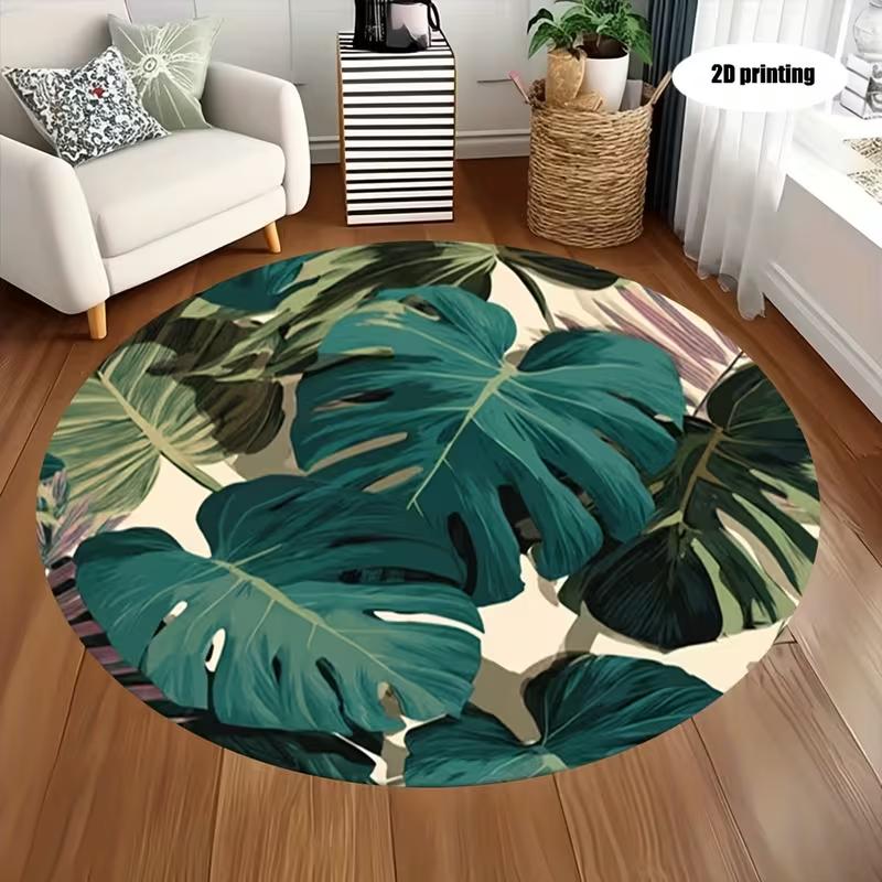 Tropical Monstera Leaf Round Rug Botanical Print Circular Carpet Non Slip Indoor Jungle Style Decor Living Room Balcony Carpet
