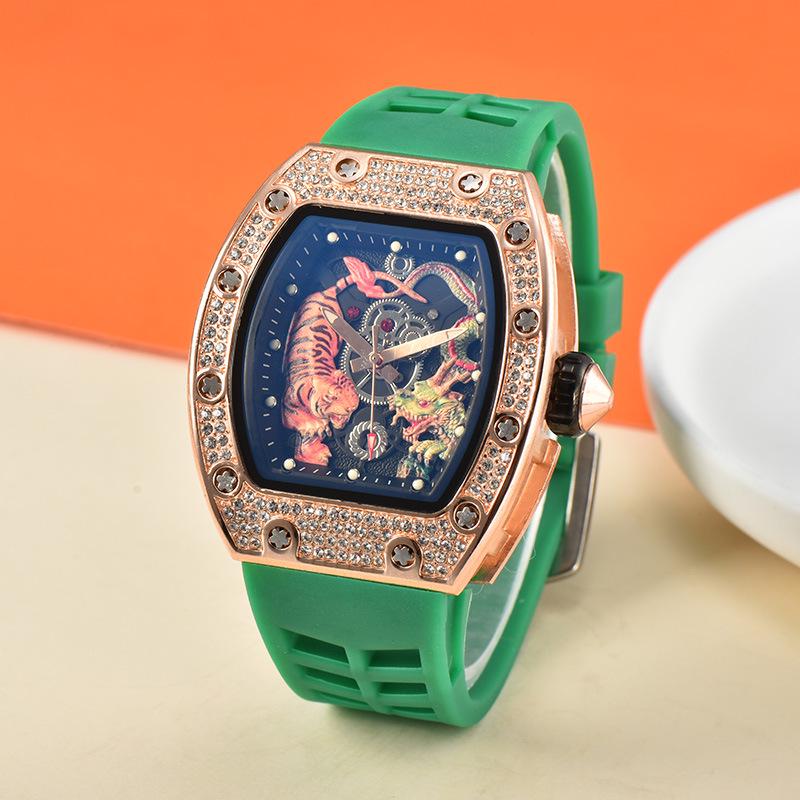 Men's Trendy Barrel-Shaped Full Diamond Quartz Watch with Calendar