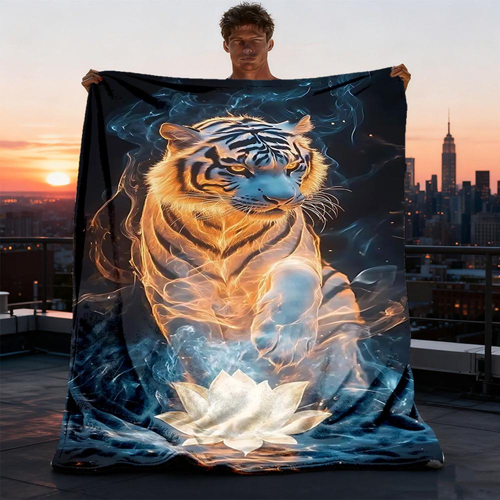 1pc Tiger Lotus Throw Blanket Polyester Fiber, Lightweight Flannel, Soft & Warm, All Season Use for Outdoor, Camping Digital Print