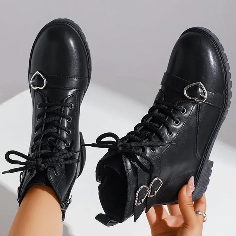 Fashion Women's Boots Metal Heart Buckle Ankle Boots for Woman Autumn Winter Lace Up Platform Short Boots Women Black Shoes Botas Mujer