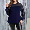 Women's Plus Size Mesh Rhinestone Long Sleeve Top Elegant Round Neck Party Blouse