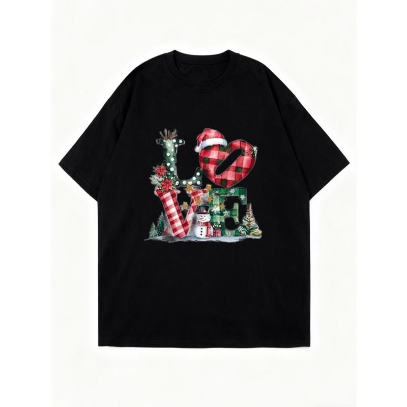 Christmas Oversized T Shirt Black Love Christmas Print With Reindeer Snowman And Plaid Heart Holiday Party Wear