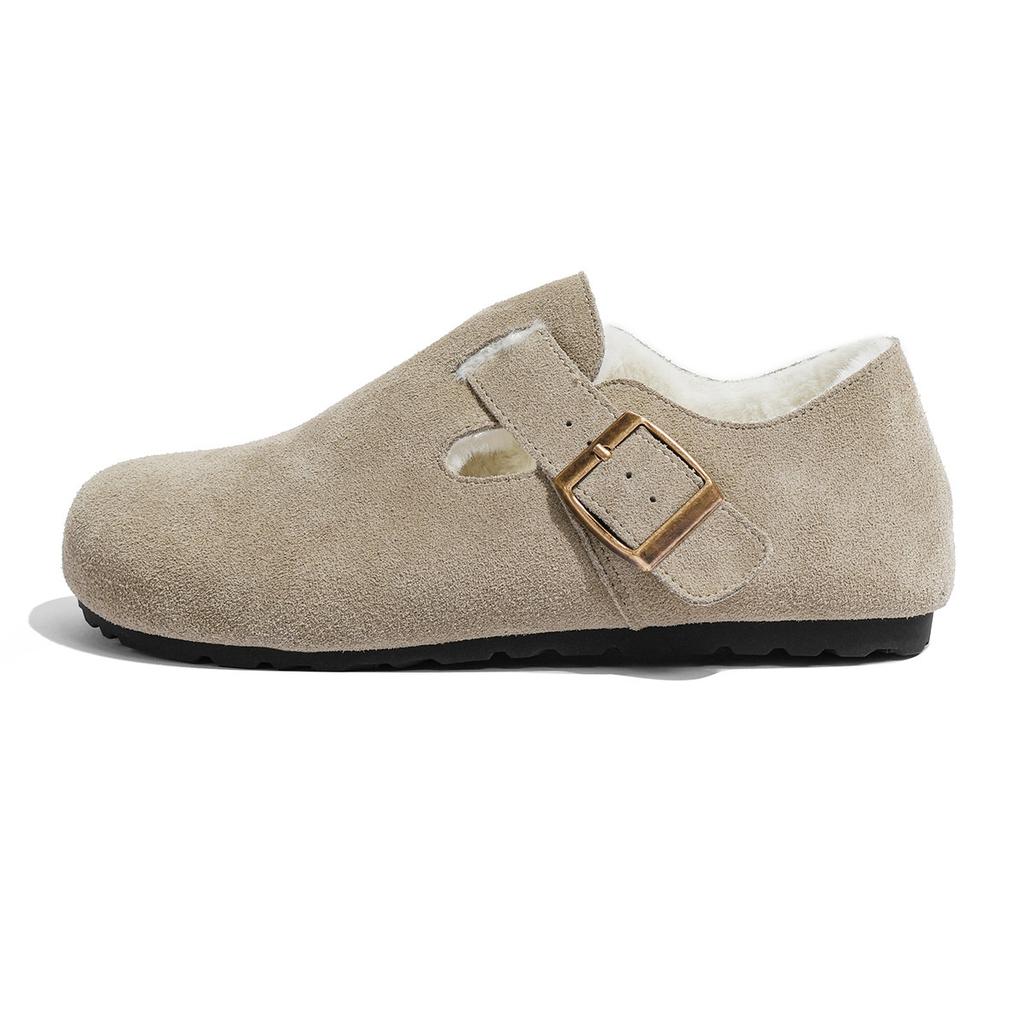 Leather Velvet Birkenstocks, Women'S Autumn Winter Wool Cotton Shoes, Snow Boots, One Pedal, All-Inclusive Birkenstocks, Low Heels And Wear-Resistant