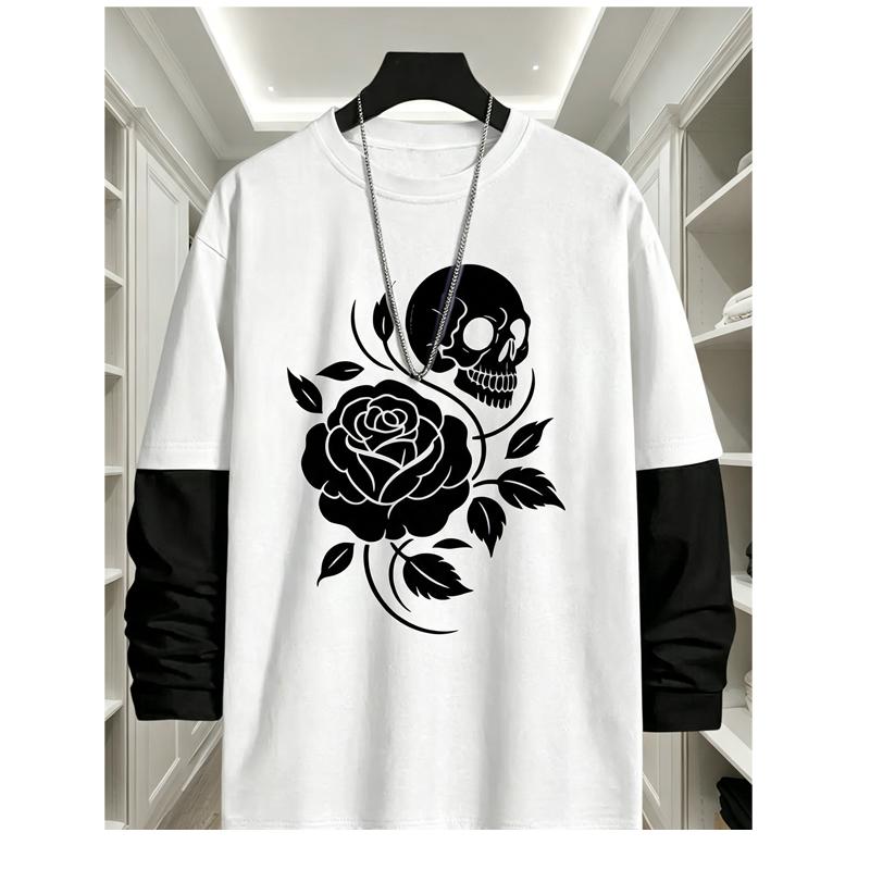 Herren-Langarm-T-Shirt mit Rosen-Totenkopf-Print-Design, im bequemen Streetwear-Stil für High Fashion