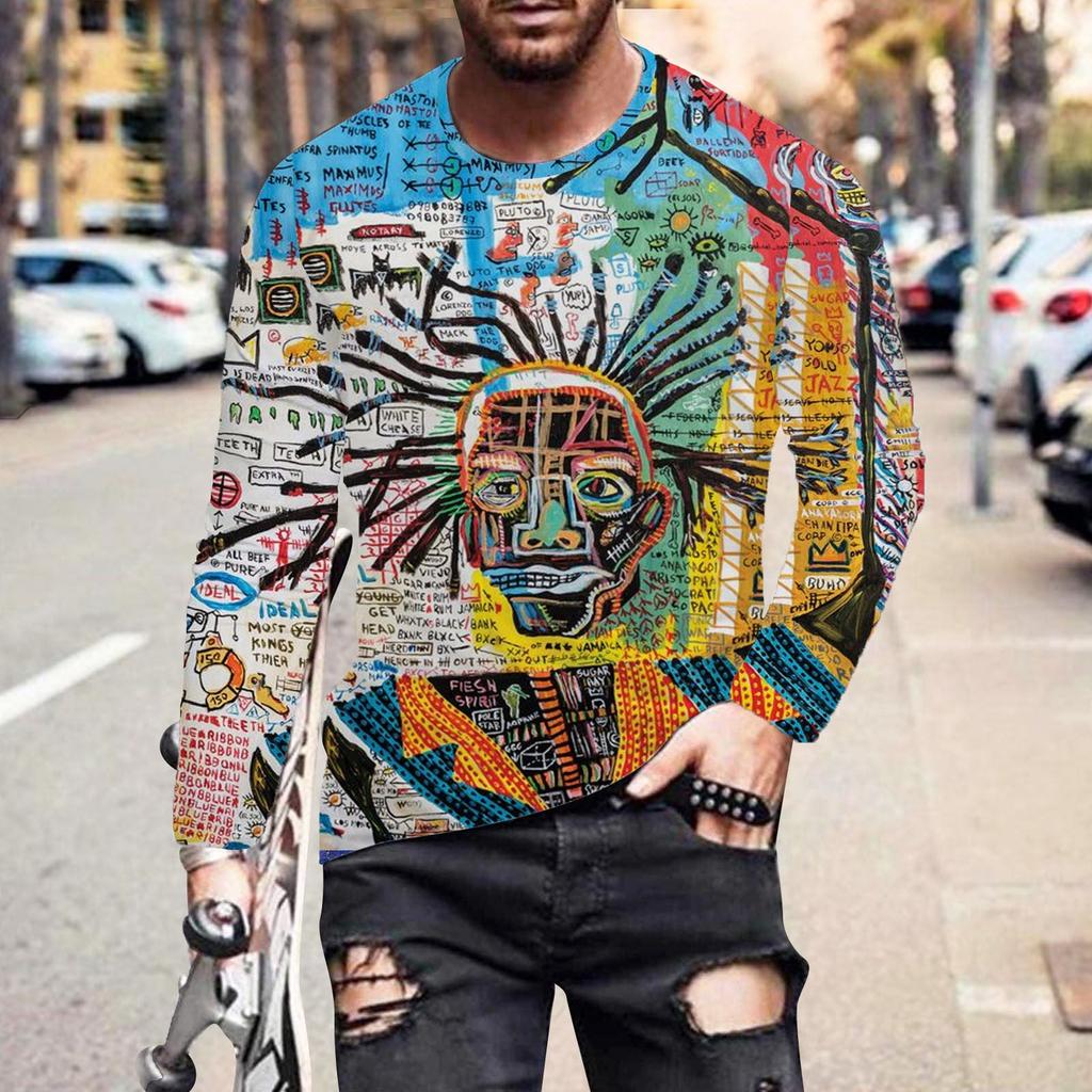 Men's Fashion Casual Printed Long Sleeve O-Neck Shirts Tops Blouse