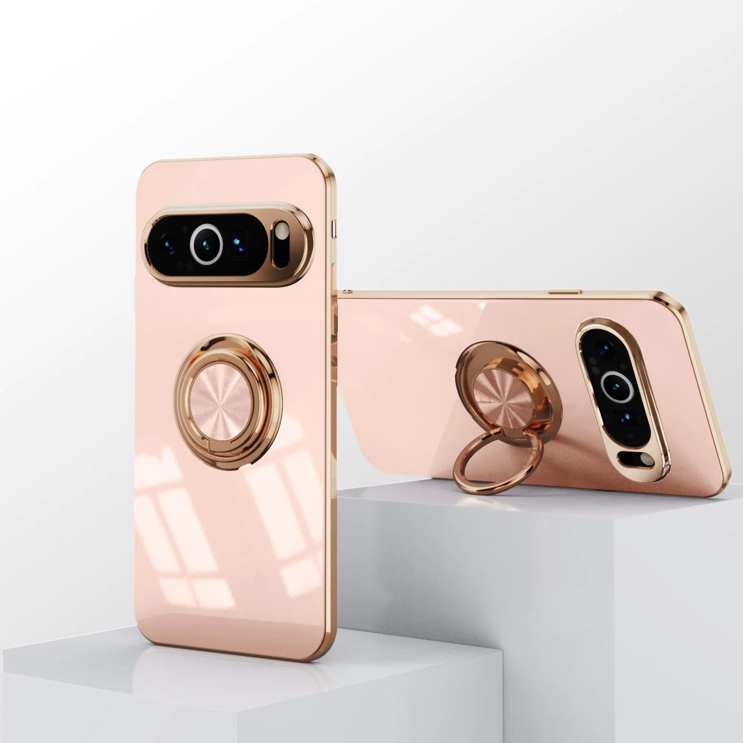 

Роскошный мягкий магнитный чехол для телефона с 6D покрытием для Google Pixel 9 Pro XL 7A 8A 7 8 с металлическим кольцом-держателем и подставкой, задняя крышка For Pixel 9Pro XL розовый