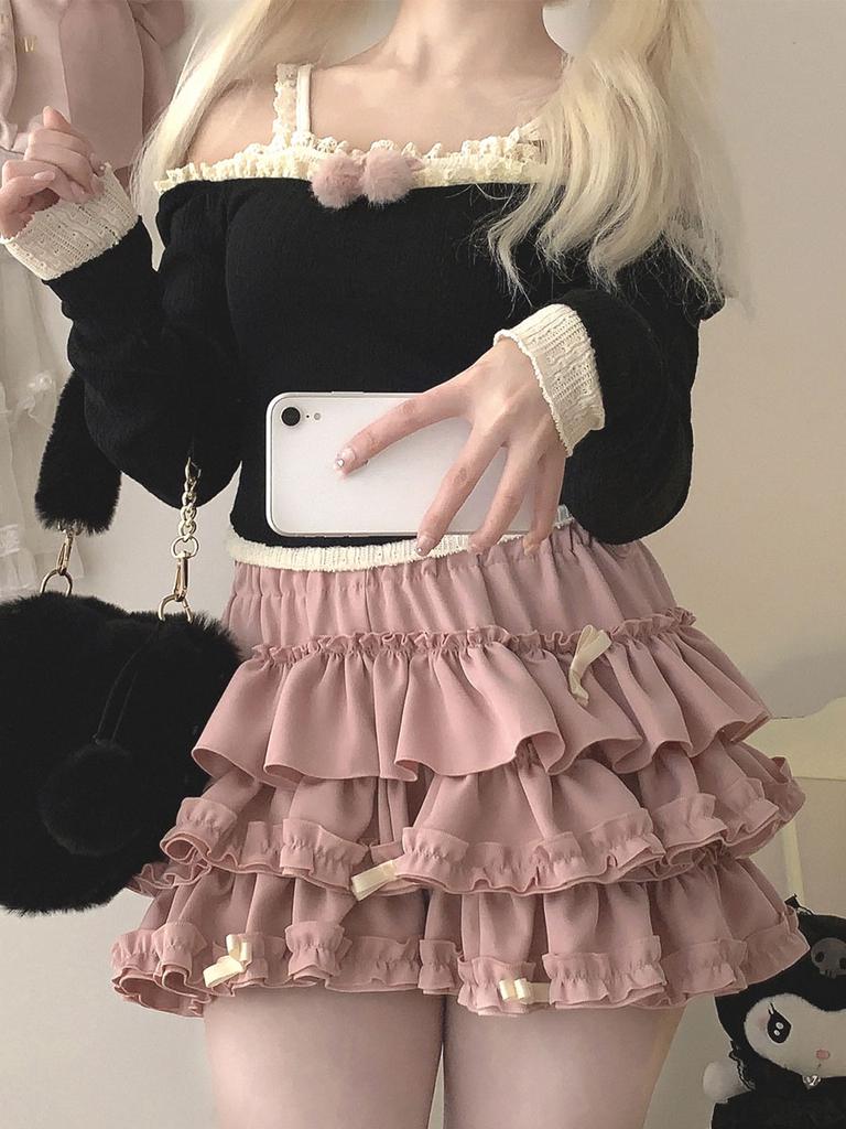 Bow Mini Skirt for Women Kawaii Cute Ruffle Cake Skirt Shorts Girls Harajuku Japanese Style Clothing