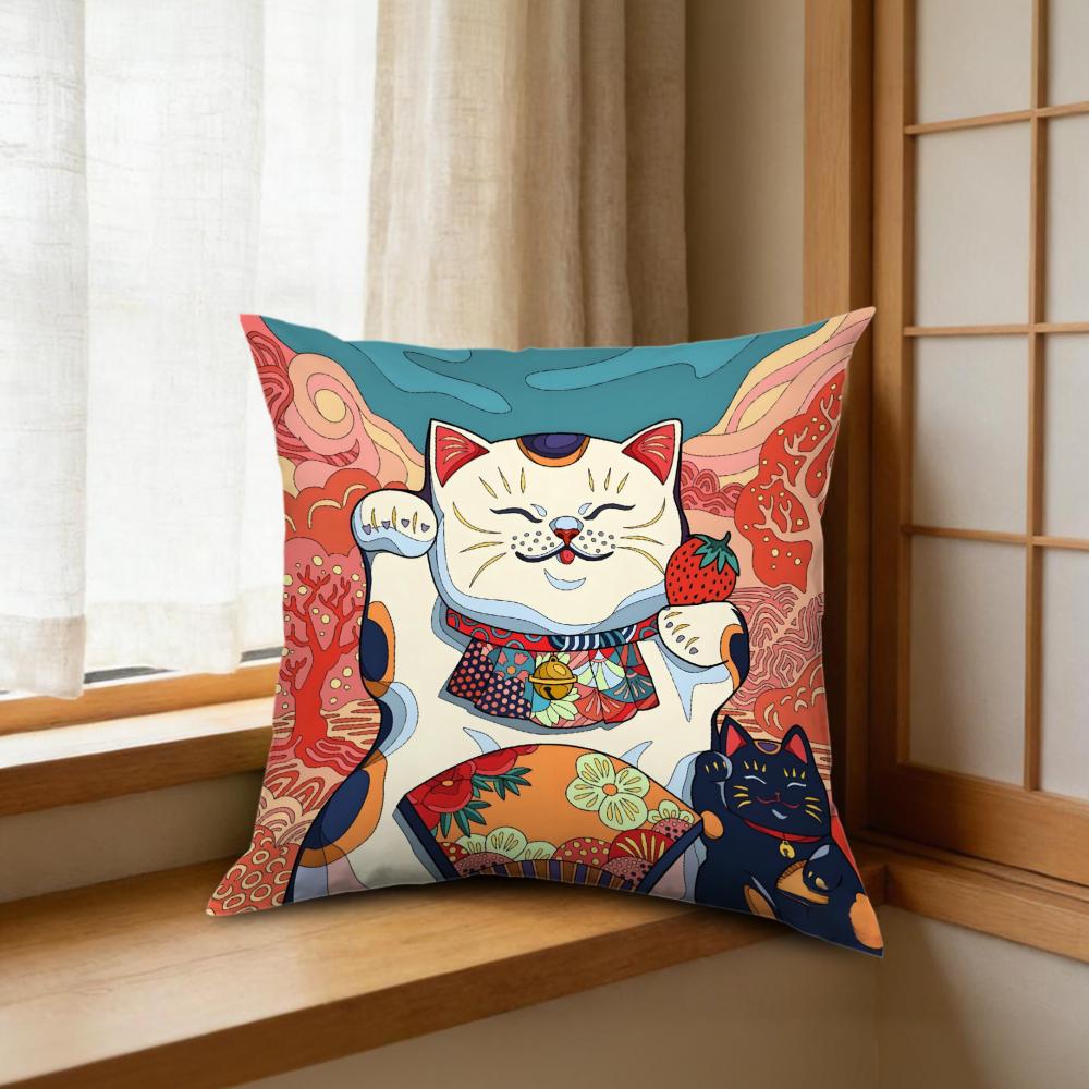 1pc Japanese Style Cushion Cover Red Blue Lucky Cat Strawberry Pattern Pillowcase For Sofa Bed Home Decor Soft Comfortable