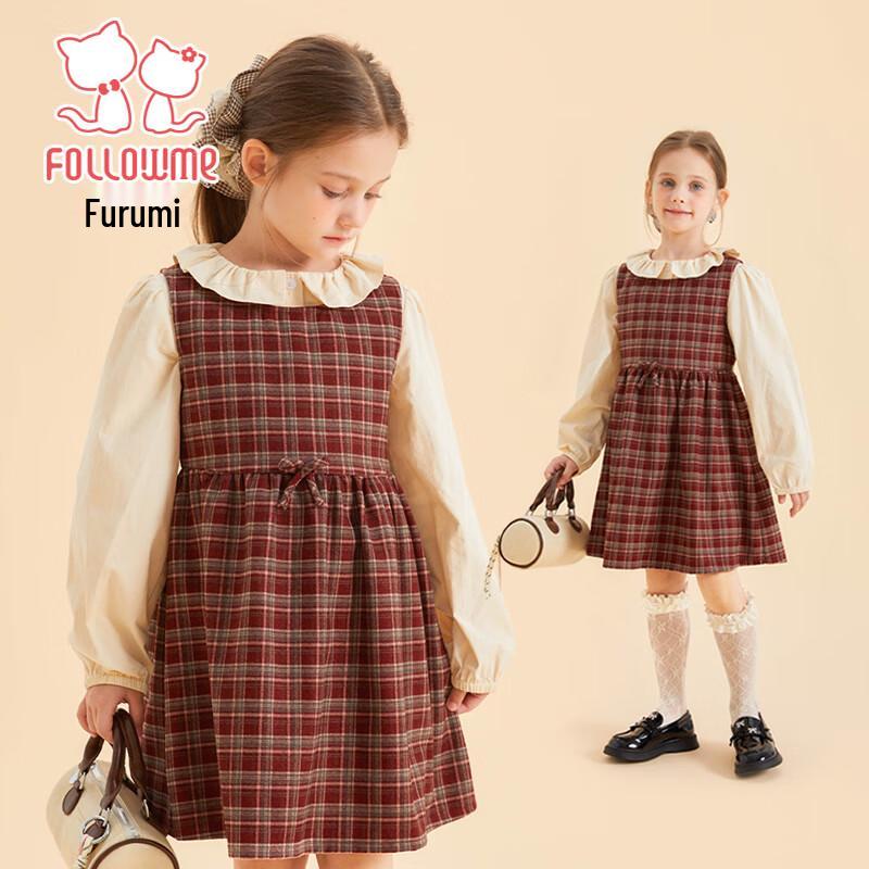 Fuluomi Girl s Sweet Peter Pan Collar Shirt & Plaid Vest Dress Set 140