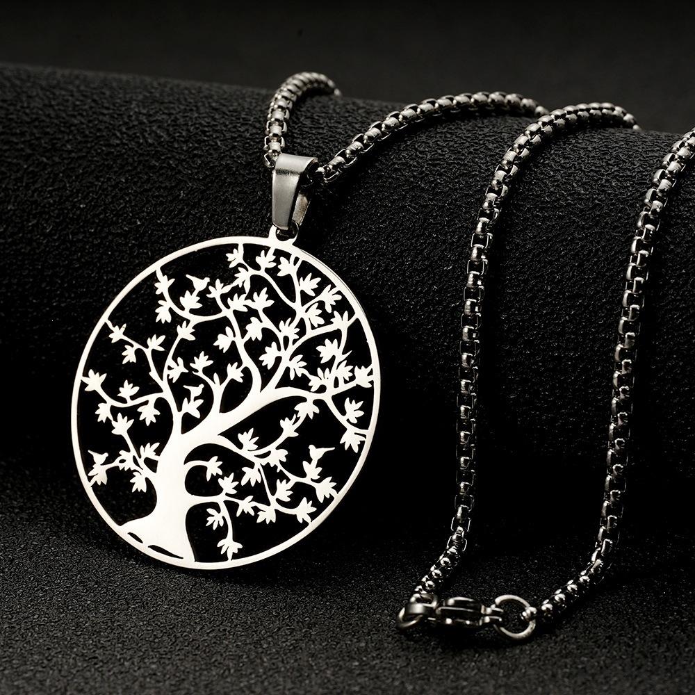 European and American Simple Stainless Steel Hollow Tree of Life Round Brand Pendant Men's and Women's Tide Version Necklace Personalized Jewelry