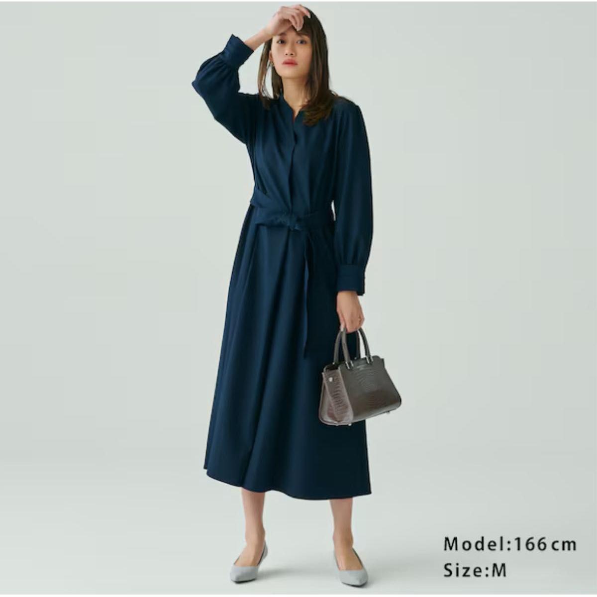Good Condition PLST Plaste Skipper Neck Flare Dress Navy S Long Sleeve Dress