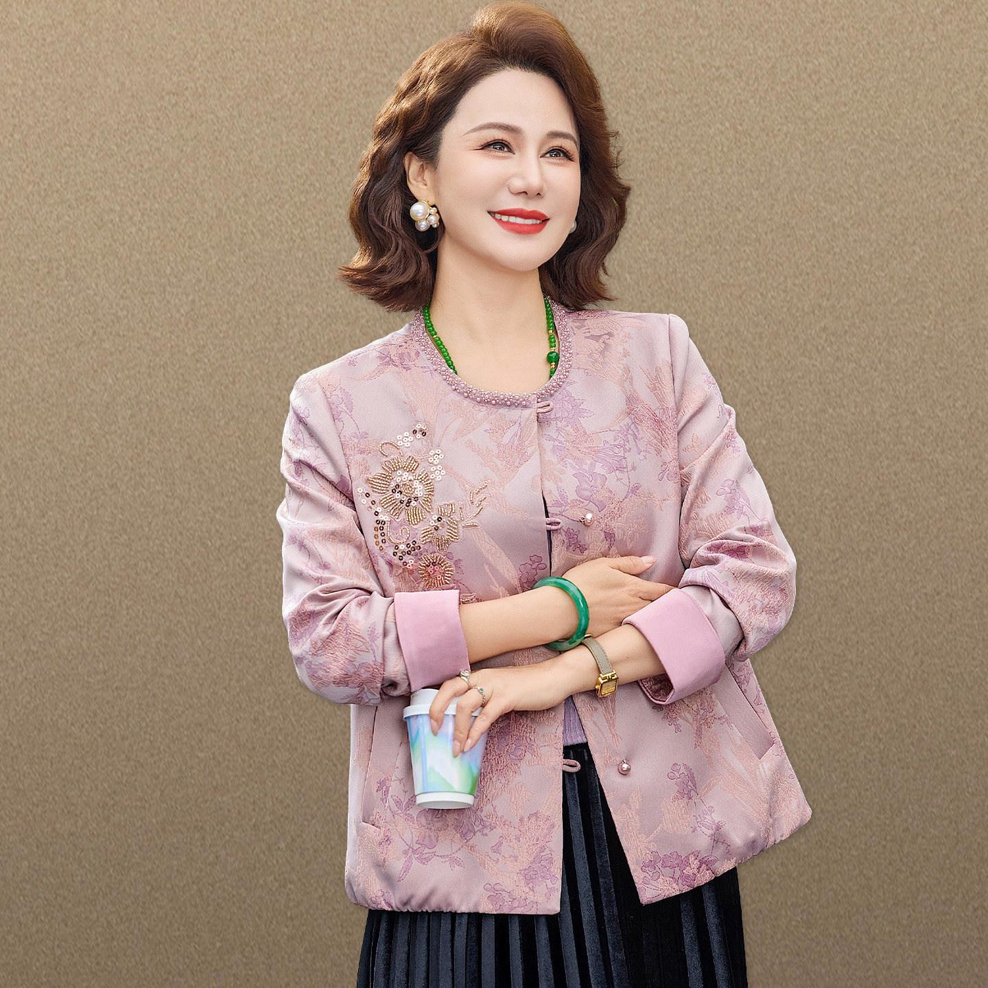 

2026 Spring Fashion Chinese-Style Cardigan for Women: Elegant Wide-Legged & Age-Reducing Jacket for Middle-Aged Ladies 2XL (105-120 Jin)