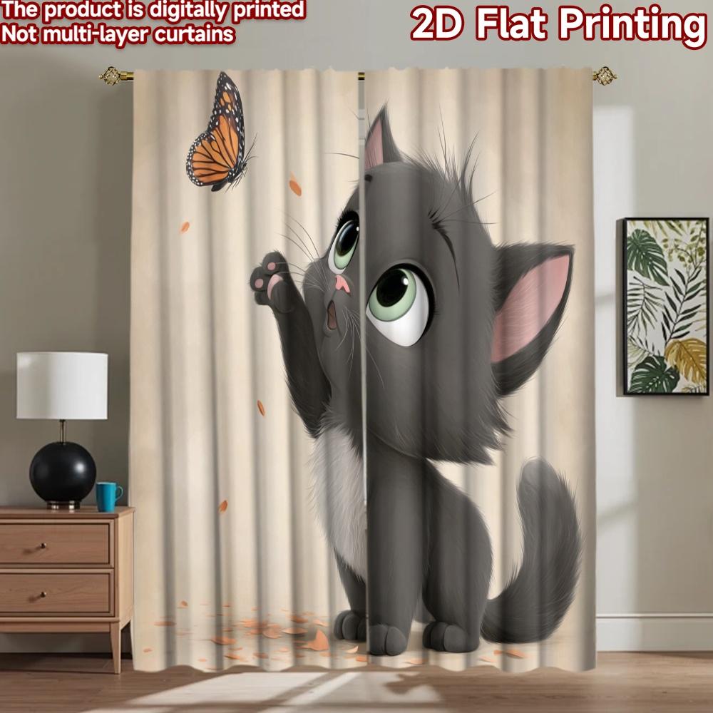 2D flat printing 2pcs Window Curtains Cute black kitten butterfly Digital Printed Polyester Drapes Party Decorations Perfect for