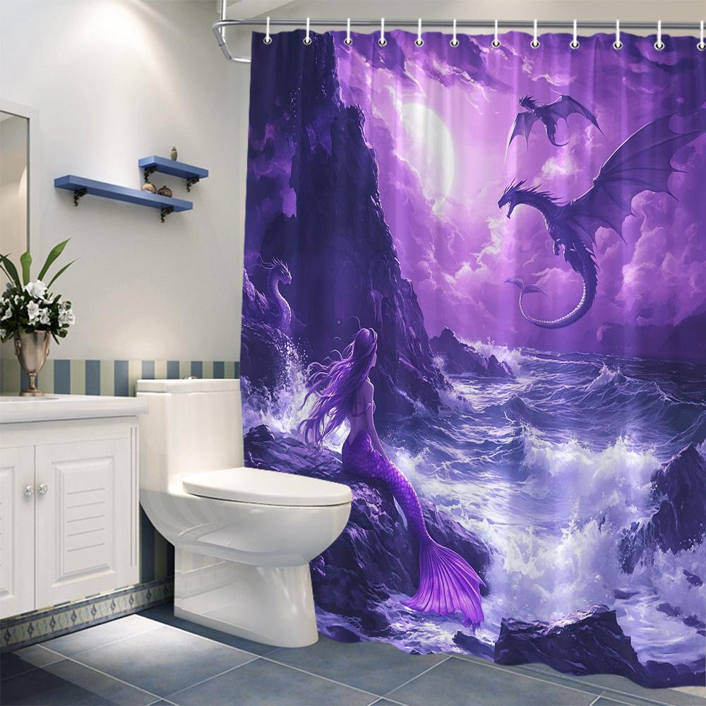 1 st Fantasy Sjöjungfru & Drake Duschdraperi, Lila Hår Svans & Turbulent Hav Design, Fullmåne Polyestertyg, Konstnärligt Badr