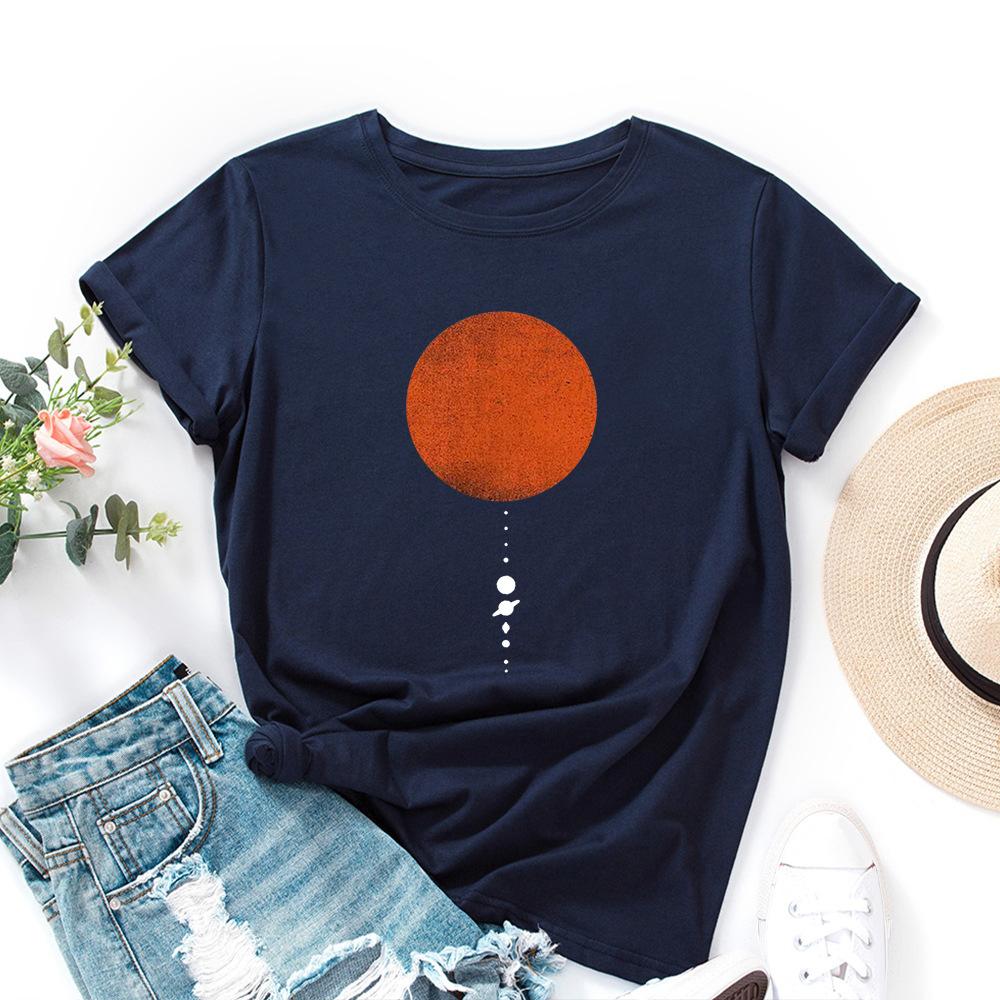 Women's Moon Planet Printed Loose Round Neck Short Sleeved T-shirt for Women Shirt
