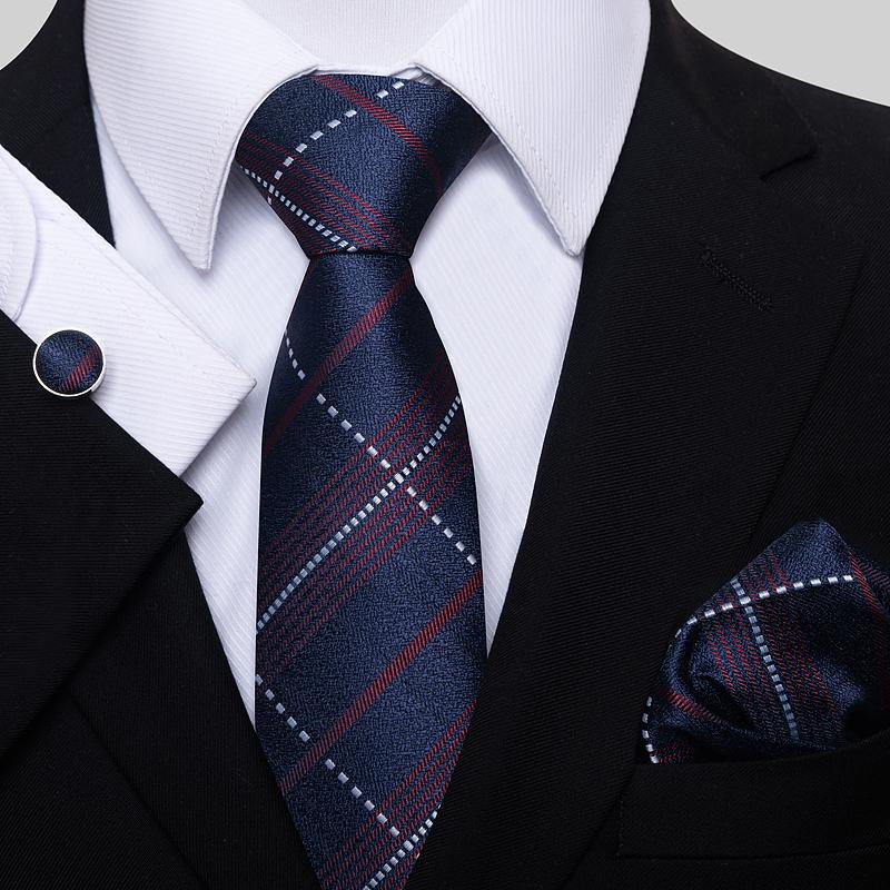 Newest Style Holiday Present Tie Pocket Squares Cufflink Set Necktie Men Dark Blue Wedding Accessories Office Cravat