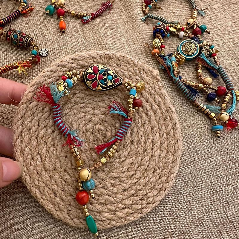 Этнический тибетский стиль креативный браслет-колокольчик плетеный ручной шнурок регулируемое украшение подарок для женщин 06