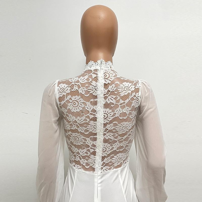 Women's High Collar Lace Lace Fashion Solid Color Chiffon Long Sleeve High Waist Jumpsuit