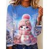 Christmas Print Women's Fashion Long Sleeve T-Shirt, Snowman Print Long Sleeve Base Layer Shirt, Polyester and Spandex