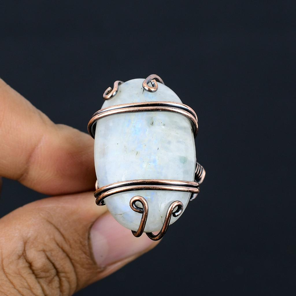 Natural Rainbow Moonstone Gemstone Handmade Copper Wire Wrap Ring Size 6 E7s96