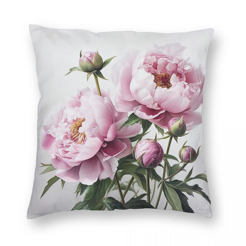 Pink Peonies Pillowcase Polyester Linen Velvet Printed Zip Decor Throw Pillow Case Sofa Seater Cushion Cover