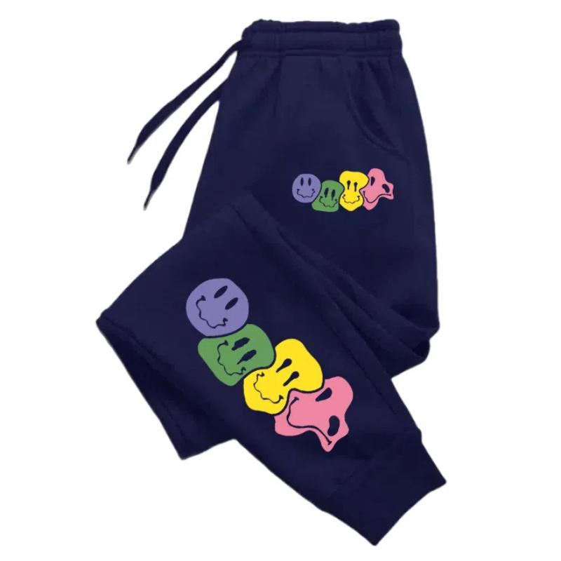 Cute Smiling Face Printed Versatile Comfortable Women Long Pant Fitness Jogging Trousers Drawstring Pockets Sweatpants