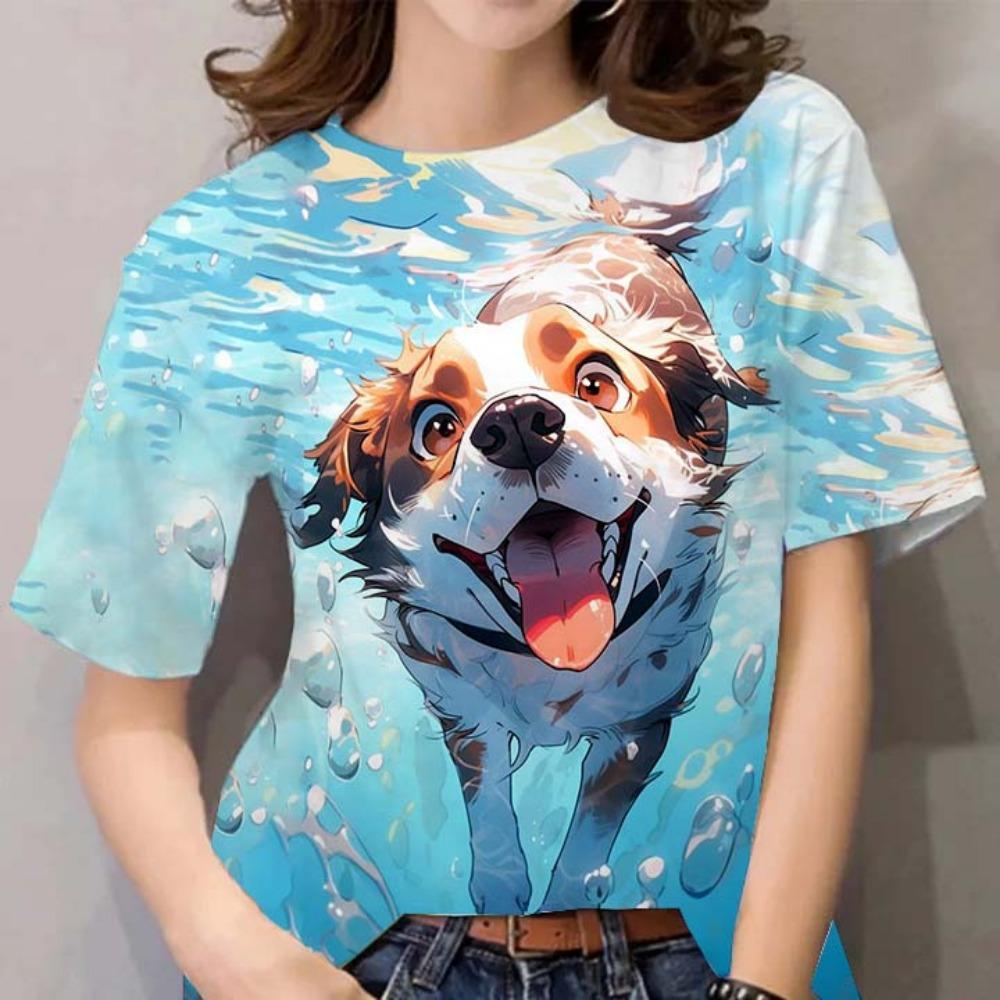 Large Size 3d Printed T-shirt Cute Animal Round Neck Short-sleeved Funny Cat and Dog Pattern Summer Women's Top