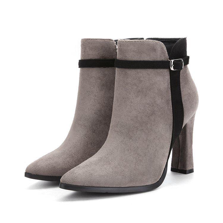 Nowe buty damskie zamszowe spiczaste krótkie buty gruby obcas klamra do paska szpilki modne buty