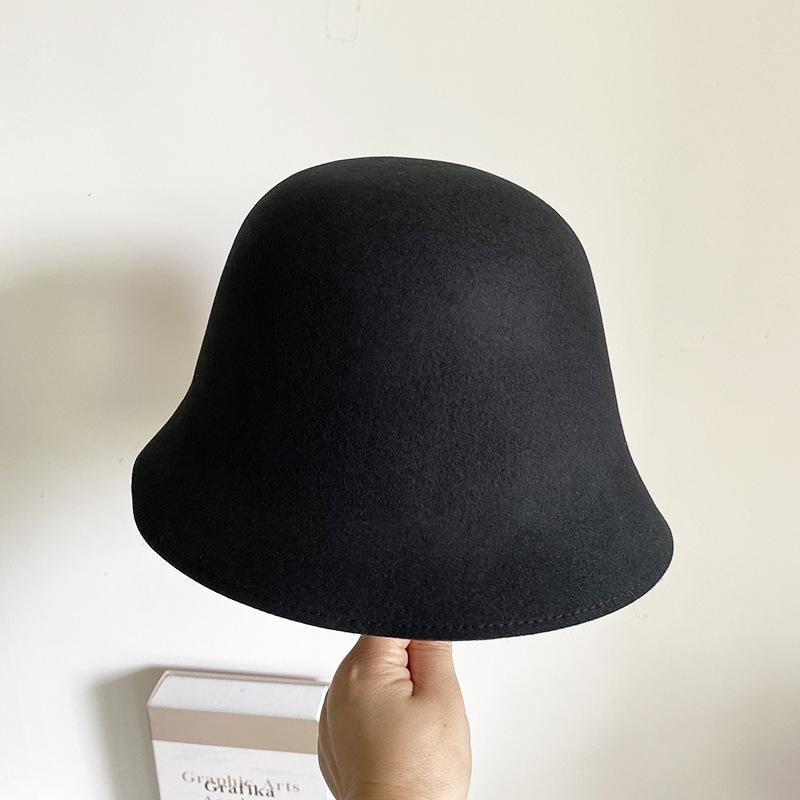 Pure wool bucket hat women's autumn and winter retro bucket hat black and white basin hat warm versatile